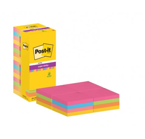 Post-It Super Sticky Pack de 16 Blocs de 90 Notas Adhesivas Reposicionables - 76x76mm - 100% PEFC - Colores Surtidos