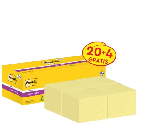 Post-It Super Sticky Pack de 24 Blocs de 90 Notas Adhesivas Reposicionables - 76x76mm - Promocion 20 Blocs + 4 Gratis - Paquete de Carton - Color Amarillo Claro