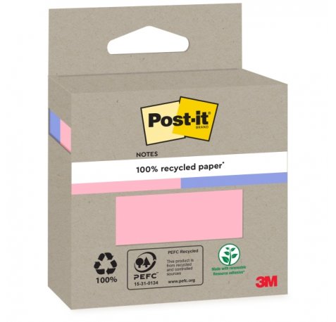 Post-It Pack de 2 Blocs de 100 Notas Adhesivas Recicladas - Forma Cuadrada - Colores Surtidos