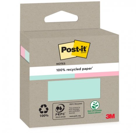 Post-It Pack de 2 Blocs de 100 Notas Adhesivas Recicladas - Forma Cuadrada - Colores Surtidos