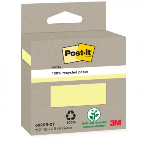 Post-It Pack de 2 Blocs de 100 Notas Adhesivas Recicladas - Forma Cuadrada - Color Amarillo Claro