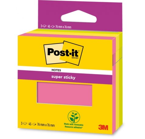 Post-It Super Sticky Pack de 3 Blocs de 45 Notas Adhesivas Reposicionables - 76x76mm - 100% PEFC - Colores Surtidos