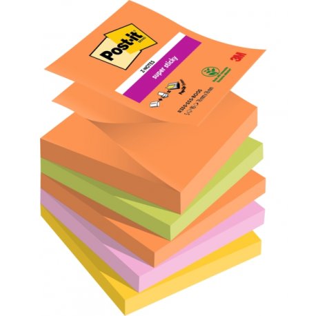Post-It Super Sticky Pack de 5 Blocs de 90 Notas Adhesivas Reposicionables - Forma Cuadrada - 76x76mm - en Zig-Zag - Colores Surtidos