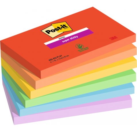 Post-It Super Sticky Pack de 6 Blocs de 90 Notas Adhesivas Reposicionables - Forma Rectangular - 127x76mm - Colores Surtidos