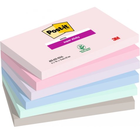 Post-It Super Sticky Pack de 6 Blocs de 90 Notas Adhesivas Reposicionables - Forma Rectangular - 127x76mm - Colores Surtidos