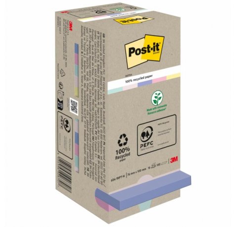 Post-It Pack de 16 Blocs de 100 Notas Adhesivas Recicladas - Forma Cuadrada - 76x76mm - Colores Surtidos