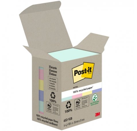 Post-It Pack de 6 Blocs de 100 Notas Adhesivas Recicladas - Forma Rectangular - 51x51mm - Colores Surtidos
