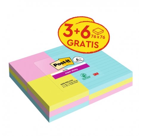 Post-It Super Sticky Pack de 9 Blocs de 90 Notas Adhesivas Reposicionables Coleccion Cosmic - 3 Blocs con Lineas + 6 Estandar - Colores Surtidos