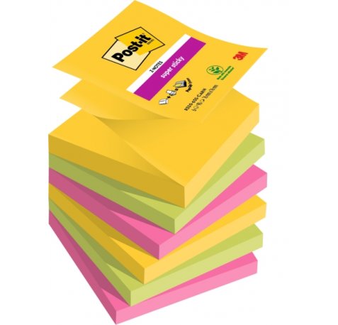 Post-It Super Sticky Pack de 6 Blocs de 90 Notas Adhesivas Reposicionables - Forma Cuadrada - 76x76mm - en Zig-Zag - Colores Surtidos