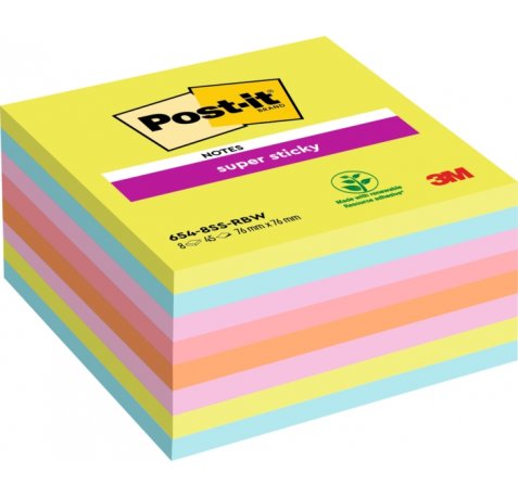 Post-It Super Sticky Pack de 8 Blocs de 45 Notas Adhesivas Reposicionables - 76x76mm - 100% PEFC - Colores Surtidos