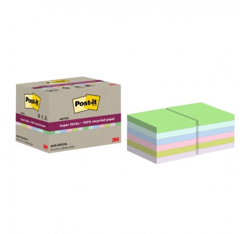 Post-It Super Sticky Pack de 12 Blocs de 70 Notas Adhesivas Recicladas - Forma Cuadrada - 76x76mm - Colores Surtidos