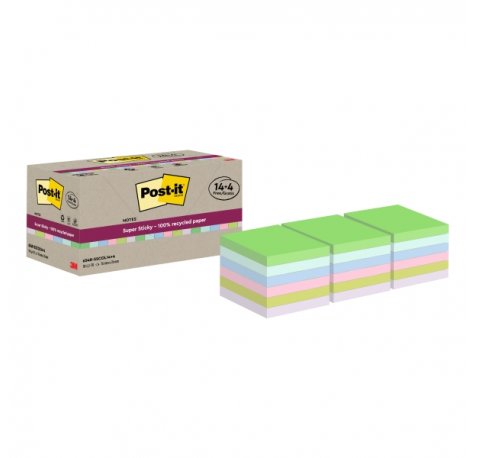 Post-It Super Sticky Pack de 18 Blocs de 70 Notas Adhesivas Recicladas - Forma Cuadrada - 76x76mm - Colores Surtidos