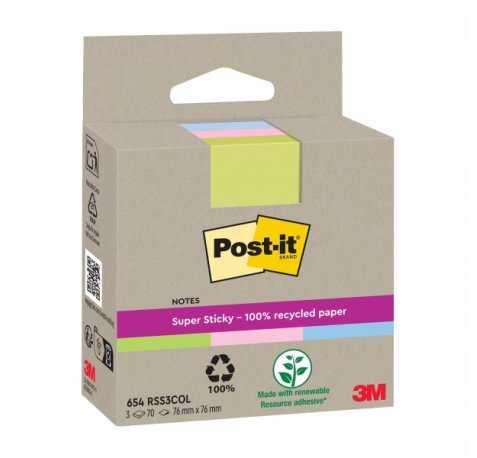 Post-It Super Sticky Pack de 3 Blocs de 70 Notas Adhesivas Recicladas - Forma Cuadrada - 76x76mm - Colores Surtidos