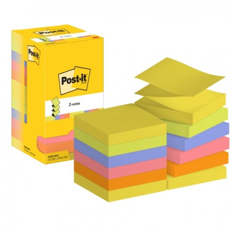 Post-It Pack de 12 Blocs de 100 Z-Notas Adhesivas Reposicionables - Forma Cuadrada - 76x76mm - Colores Surtidos