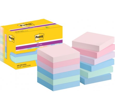 Post-It Super Sticky Pack de 12 Blocs de 90 Notas Adhesivas Reposicionables - Forma Cuadrada - 47.6x47.6mm - Colores Surtidos