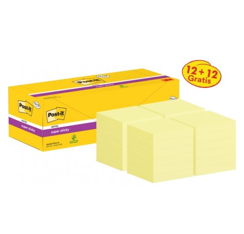 Post-It Super Sticky Pack de 24 Blocs de 90 Notas Adhesivas Reposicionables - 76x76mm - Promocion 12 Blocs + 12 Gratis - Color Amarillo Claro