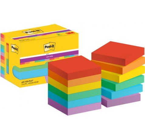 Post-It Super Sticky Pack de 12 Blocs de 90 Notas Adhesivas Reposicionables - Forma Cuadrada - 47.6x47.6mm - Colores Surtidos