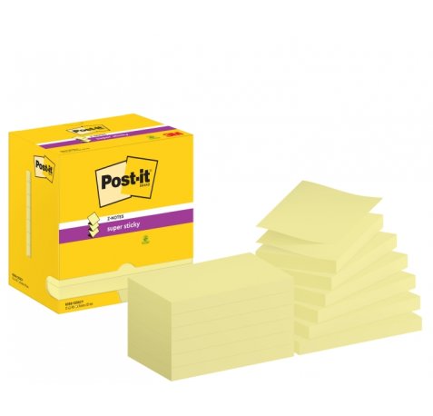Post-It Super Sticky Pack de 12 Blocs de 90 Notas Adhesivas Reposicionables - Forma Rectangular - 76x127mm - en Zig-Zag - Color Amarillo Claro
