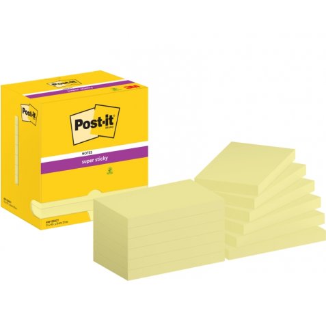 Post-It Super Sticky Pack de 12 Blocs de 90 Notas Adhesivas Reposicionables - Forma Rectangular - 76x127mm - Color Amarillo Claro