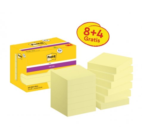Post-It Super Sticky Pack de 12 Blocs de 90 Notas Adhesivas Reposicionables - 47.6x47.6mm - Promocion 8 Blocs + 4 Gratis - Color Amarillo Claro
