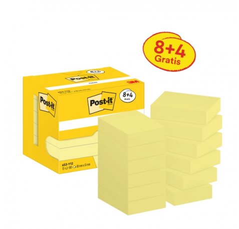 Post-It Pack de 12 Blocs de 100 Notas Adhesivas Reposicionables - Forma Rectangular - 38x51mm - Color Amarillo Claro