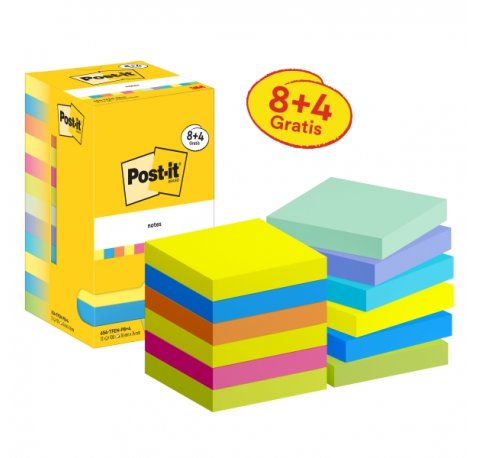 Post-It Pack de 12 Blocs de 90 Notas Adhesivas Reposicionables - Forma Cuadrada - 76x76mm - Colores Surtidos