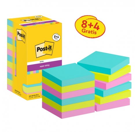 Post-It Super Sticky Pack de 12 Blocs de 90 Notas Adhesivas Reposicionables - Forma Cuadrada - 76x76mm - Colores Surtidos