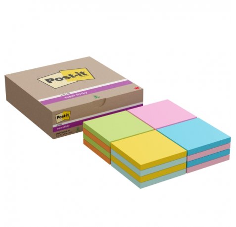 Post-It Super Sticky Pack de 16 Blocs de 90 Notas Adhesivas Reposicionables - 76x76mm - Colores Surtidos