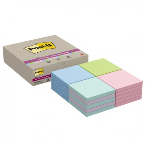 Post-It Super Sticky Pack de 20 Blocs de 70 Notas Adhesivas Recicladas - Forma Cuadrada - 76x76mm - Colores Surtidos
