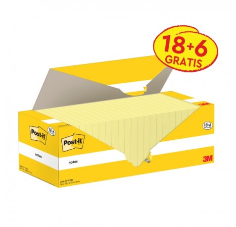 Post-It Pack de 24 Blocs de 100 Notas Adhesivas Reposicionables - Forma Cuadrada - 76x76mm - Color Amarillo Claro