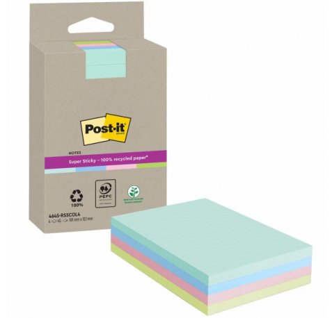 Post-It Super Sticky SuperÂ Sticky Pack de 4 Blocs de 45 Notas Adhesivas Recicladas - Forma Rectangular - 102x152mm - Colores Surtidos
