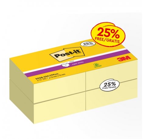 Post-It Super Sticky Pack de 4 Cubos de 270 Notas Adhesivas Reposicionables - Forma Cuadrada - Color Amarillo Claro