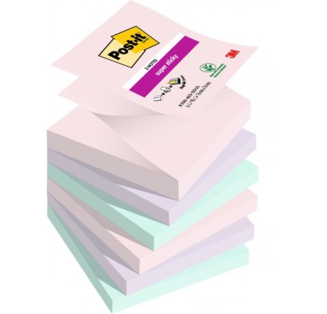 Post-It Super Sticky Pack de 6 Blocs de 90 Notas Adhesivas Reposicionables - Forma Cuadrada - 76x76mm - en Zig-Zag - Colores Surtidos