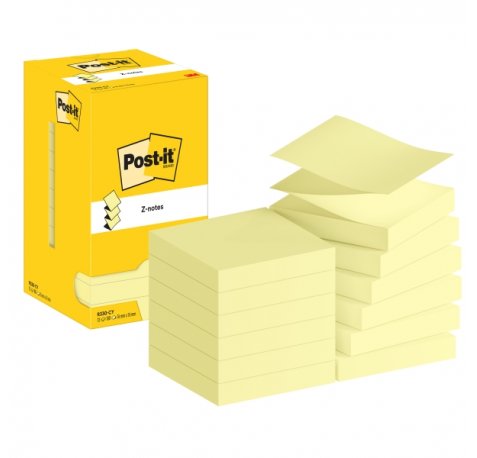 Post-It Pack de 12 Blocs de 100 Z-Notas Adhesivas Reposicionables - Forma Cuadrada - 76x76mm - Color Amarillo Claro