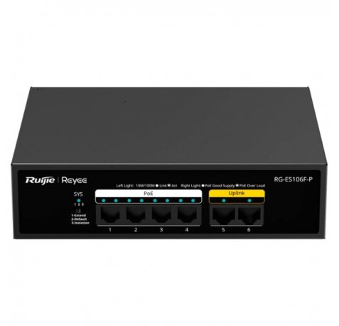 Ruijie RG-ES106F-P Switch - 6 Puertos - Velocidad hasta 100Mbps - PoE/PoE+ hasta 54W - Carcasa de Acero - Color Negro