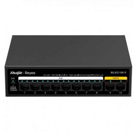 Ruijie RG-ES110F-P Switch - 10 Puertos - PoE/PoE+ hasta 110W - Velocidad hasta 100Mbps - Carcasa de Acero - Color Negro