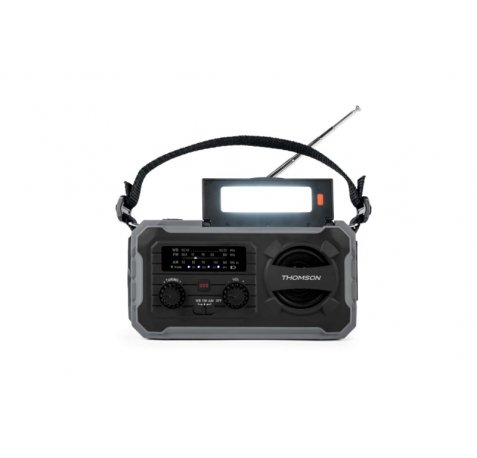 Thomson Radio Solar Portatil SOS - AM/FM - Bateria de 8000mAh - Linterna de Emergencia - 3 Modos de Carga - Funcion Powerbank - Color Gris