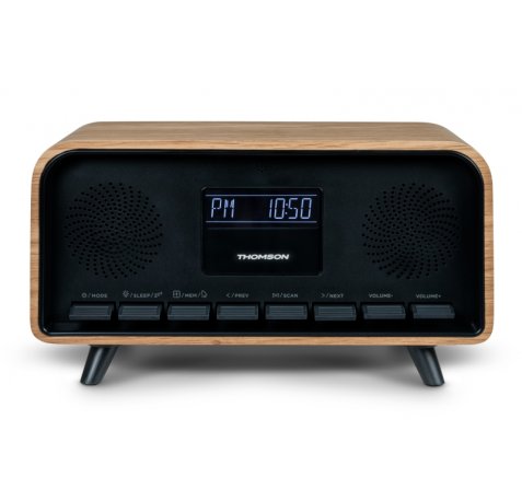 Thomson RT850BT Altavoz Retro Bluetooh - Radio Reloj Despertador - Potencia musical 30W - Color Madera/Negro