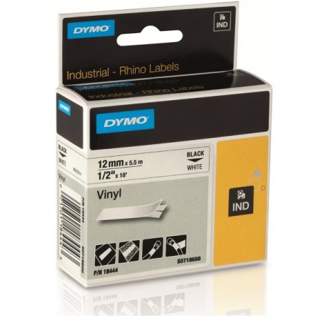 Dymo 18444 Rhino Industrial Cinta Vinilo Original para Rotuladora - Texto Negro sobre Fondo Blanco - Ancho 12mm x 5.5 metros - S0718600