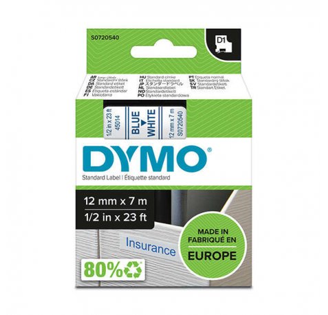Dymo D1 Cinta de Etiquetas Original para Rotuladora - Texto azul | Cinta de etiquetas original para rotuladora - texto azul sobre fondo blanco - ancho x 7 metros -