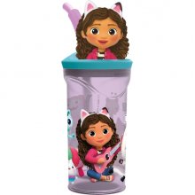 Safta Gabby's Dollhouse Party Vaso con Figura 3D de 360ml - Tapa con Rosca - Pajita Interior - Color Transparente