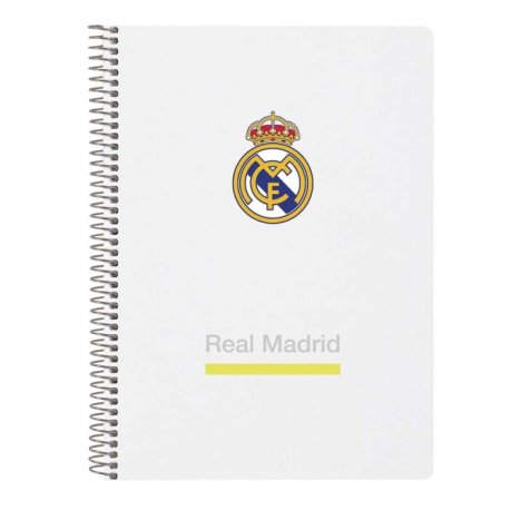 Safta Real Madrid Cuaderno Espiral - Tapas Duras - 80 Hojas A4 con Cuadriculada 4X4mm - Formato Cuarto - 15.5x22x1cm - Color Blanco y Negro
