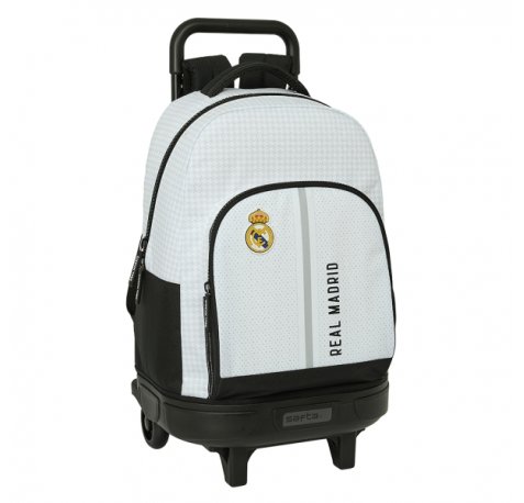 Safta Real Madrid 1ª Equipacion 24/25 Mochila con Carro Integrado - Extraible para Facilitar su Limpieza - Base Reforzada - Asa Extraible - 33x45x22cm - Color Blanco/Negro