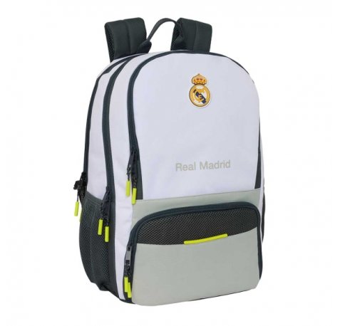Safta Real Madrid Mochila de 21.4L para Portatil hasta 14.1" - Compartimento para Raqueta de Padel - Espacio para Zapatillas - Rejilla Antisudor - 30x42x17cm - Color Blanco y Negro