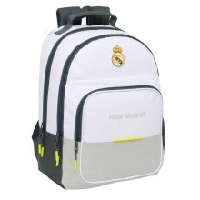 Safta Real Madrid Mochila Escolar de 21.5L - Adaptable a Carro - 3 Compartimentos - Portabotellas - 32x42x16cm - Color Blanco y Negro