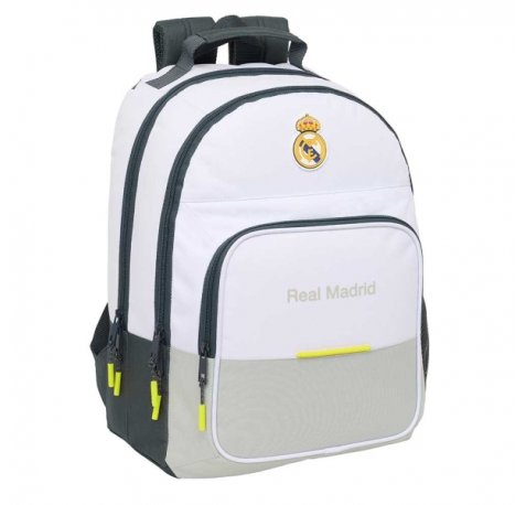 Safta Real Madrid Mochila Escolar de 21.5L - Adaptable a Carro - 3 Compartimentos - Portabotellas - 32x42x16cm - Color Blanco y Negro