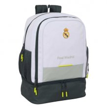 Safta Real Madrid Mochila Escolar de 42L - Portabotellas - Compartimento Semirigido Inferior - Bolsillos con Cremallera - 35x50x24cm - Color Blanco y Negro