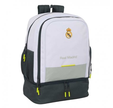 Safta Real Madrid Mochila Escolar de 42L - Portabotellas - Compartimento Semirigido Inferior - Bolsillos con Cremallera - 35x50x24cm - Color Blanco y Negro