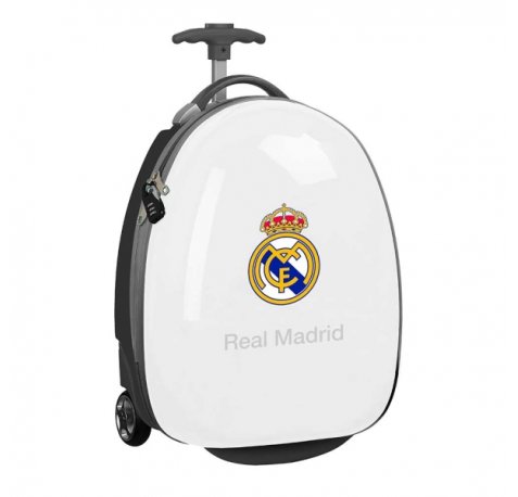 Safta Real Madrid Maleta de 27.7L Trolley Infantil 16" Rigida - Interior Forrado - Asa Telescopica - 2 Ruedas - 28x43x23cm - Color Blanco y Negro