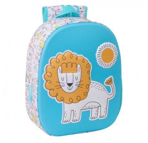 Safta Lion Mochila 3D de 8.64L - Portabotellas - Tarjeta de Identificacion Personal - Hombreras Acolchadas - 27x33x10cm - Color Blanco y Azul